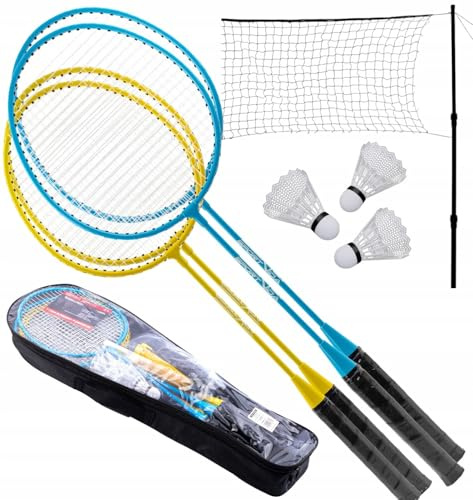 Badminton Set 4 Schläger Komplettset – inkl. Netz (6,5m), 3 Federbälle & Tragetasche – Profi Federball Set für Garten, Park & Strand – Höhenverstellbar 170cm – Gelb/Hellblau