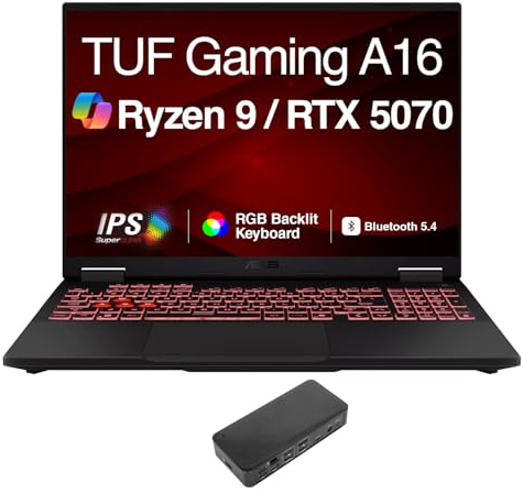 ASUS TUF Gaming A16 AI Gaming Laptop 16.0 165Hz IPS WUXGA Display (AMD Ryzen 9 270, GeForce RTX 5070 8GB, 32GB DDR5, 8TB PCIe SSD, RGB KB, WiFi 6E, Webcam, Win 11 Pro) w/USB-C Dock