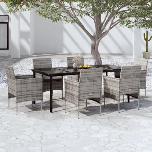 Goyphonic 7-TLG Garten-Essgruppe mit Kissen Grau Schwarz, pulverbeschichteter Stahlrahmen, PE-Rattan Sitzmöbel, Glastisch 200x100x74 cm, Outdoor Essplatz für Terrasse und Garten