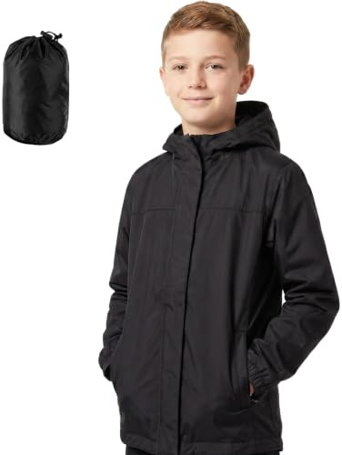 Pleyihe Kids Waterproof Jacket Boys Girls Lightweight Packable Rain Jacket Sun Protection Outdoor Raincoat for Hiking School Cycling Running (UK, Age, 11 Years, 12 Years, Regular, Black)