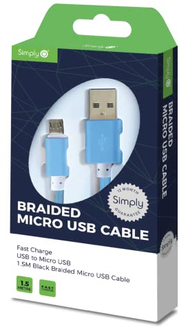 Simply ICMC06 Micro USB to USB 1.5 m Long Braided Charging Cable for Smartphones, Tablets, Sat Navs & Playstation 4 Controllers, Blue
