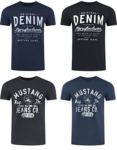 MUSTANG Tshirt Herren Baumwolle Regular Fit 4er Pack Set Rundhals Kurzarm Sommer Tee Shirt Logoprint, Größe:M, Farbe:Pack 2