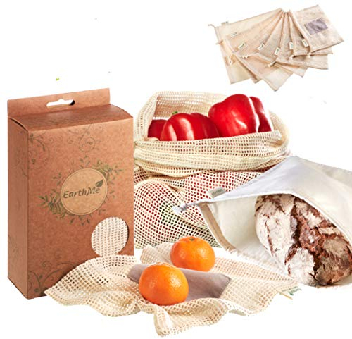 EarthMe 7er Set Wiederverwendbare Gemüsebeutel Zum Plastikfreien Einkaufen - Bio Baumwolle - 6 Obstbeutel Inkl. XL Brotbeutel& 2 E-Books - Robuste & Umweltfreundliche Obst- und Gemüsenetze