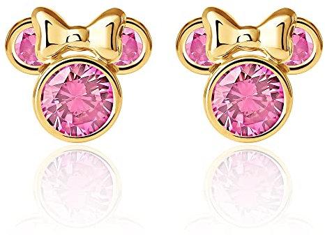Disney Minnie Mouse Ohrringe mit 10 karät Gelbgold für Mädchen, verziert mit Zirkonia Geburtsstein, Hellrosa