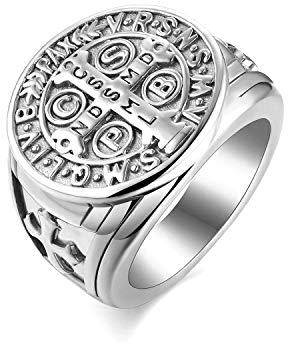 JewelryWe Schmuck Retro Herren-Ring Edelstahl Exorcism St Benedict Kreuz Ring Dämon Schutz Ghost Hunter CSBP katholischen Siegelring Bandring mit Gravur Silber Größe 57