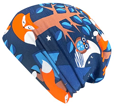 Wollhuhn ÖKO Jungen/Mädchen Bequeme Skater Long Beanie/Mütze/Beanie-Mütze/Kinder-Mütze Jersey Gefüttert Übergangszeiten (Öko-Stoffe/Bio) 20150820 (Nightfox Dunkelblau/Orange, M)