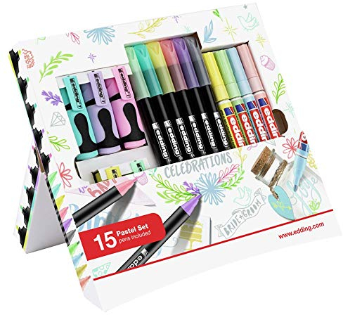 edding - Pastell Celebrations - 15er Set - Rundspitze, Keilspitze - Textmarker, Filzstifte, Glanzlackmarker zum Zeichnen, Malen, Bullet Journaling, Handlettering, Scrapbooking in Pastellfarben, Multi