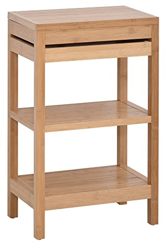 HOMCOM Badregal, Badzimmerregal mit Klappdeckel, Badezimmer Standregal mit 2 Ablagen, Bambus, Natur, 46 x 29,5 x 76,5 cm