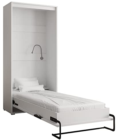 MEBLE KRYSPOL Bett im Schrank Home, Vertikal, Schlafzimmer, Jugenzimmer, Modern Design (Weiß + Weiß matt, 90 x 200 cm)