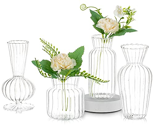 Glasvase für Blumen 4er Set Enghals Knospe Vase Moderne Sweet PEA Vase für Tischdekoration Innendekor Hochzeit