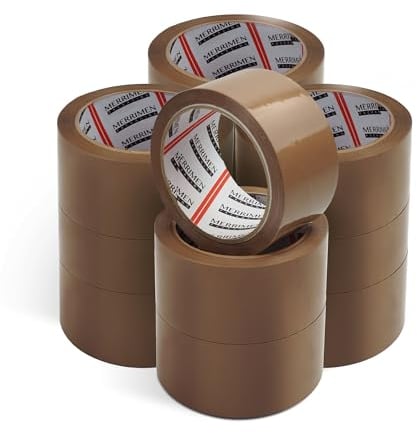 MERRIMEN Strong Heavy Duty Packing Tape - 12 Rolls Brown Packing Tape | Packaging Tape for Parcel Boxes, Moving Boxes, Large Postal Bags | Wide & Long 48 mm x 66 m Super Sticky Thick Sealing Tape