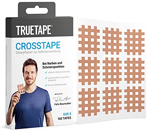 TRUETAPE Crosstapes – 160 kleine Gitterpflaster inkl. Anleitung – Wasserfest & Extra Starker Halt – Original Akupunkturpflaster – Größe S