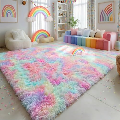 Regenbogen-Teppich für Mädchenzimmer, flauschiger Hochflor-Teppich im Einhorn-Design für Spielzimmer, Babyzimmer, Klassenzimmer – Kawaii-Prinzessinnen-Stil, Bunt, 1,8 x 2,7 m