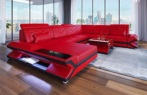 XXL Sofa Wohnlandschaft Napoli als Ledersofa in U-Form Couch mit LED-Beleuchtung und Kopfstützen (Ottomane Links, Rot-Schwarz)