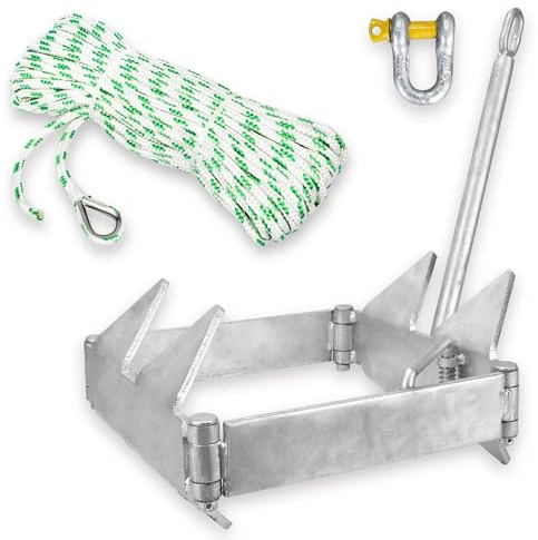 MARINE SYSTEM Galvanized Boat Folding Square Anchor Kit with 3/8 inch x 150 FT Rope and Shackle 13lb, 19lb, or 25 lb (13 LB)