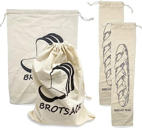 Brotsack, 4 Stück Brotbeutel aus 100% Leinen, Quadrat 28 × 38,1cm, Rechteck 14,7 × 68,6cm Obstbeutel, Wiederverwendbar, für Brote und Backwaren Aller Art