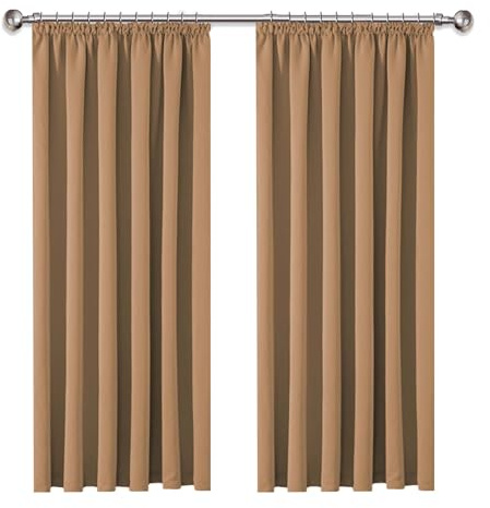 AMEHA Blackout Curtains for Living Room - Pencil Pleat Beige Bedroom Curtains & Drapes 54 Inch Drop Thermal Insulated Super Soft Black Out Short Curtain Pair Panels with Tiebacks 46 x 54