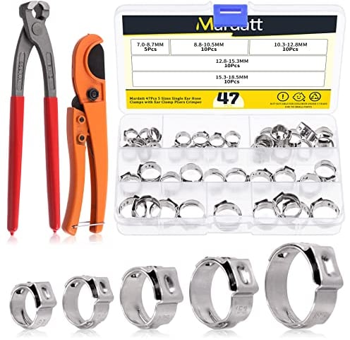 Mardatt 47Pcs Single Ear Stepless Hose Clamps with Ear Clamp Pincer Pliers Crimper Tool & PEX Pipe Cutter, 7mm to 18.5mm 304 Stainless Steel Hose Assortment Kit for Automotive Plumbing Use