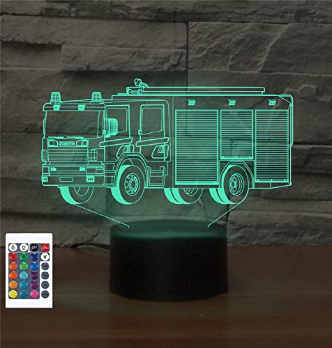 3D Feuerwehr Auto Optische Illusion 16 Farbewechsel Fernbedienung Nachtlichter Acryl LED Tisch Nachttisch Lampe Kinder Schlafzimmer Schreibtisch Dekor Geburtstag Geschenke Spielzeug für Kinder