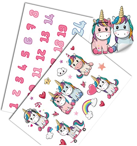 Yabaduu DIY Adventskalender Zahlen zum Aufkleben Nummern 1-24 Selbstklebende Sticker für Weihnachten Weihnachtskalender Selber Basteln Y048 (07 Einhörner Bogen)