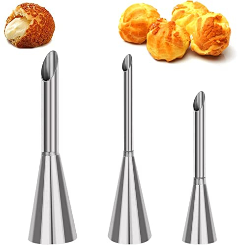 XOPOZON 3pcs Bocchetta per Farcire, Cornetto Blisterato, Puff Ugello Lungo, Acciaio Inossidabile, 5/6/8mm per Riempimento Donuts Cupcakes Eclairs Pasticcerie Biscotti Torte