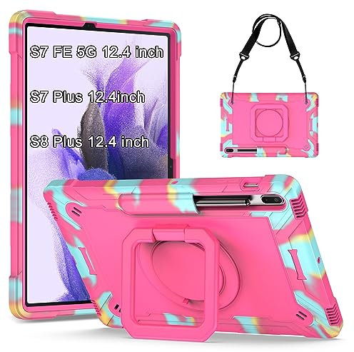 KATUMO Case for Samsung Galaxy Tab S7 FE /S8 Plus/S7 Plus 12.4 inch Shockproof Protective Cover (360°Rotatable Stand & Detachable Adjustable Shoulder Strap & Pencil Holder )S8+2022/S7 FE 2021/S7+2020