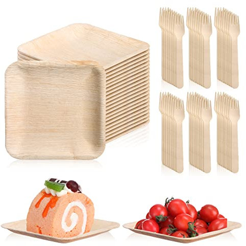 200 Pieces 6 Inch Palm Leaf Plates Wooden Forks Disposable Set Square Party Paper Plates for Wedding Parties Events Picnic Dessert