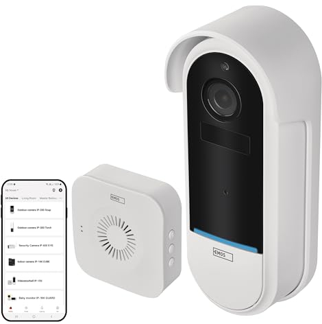 EMOS GoSmart - Smart Home Video Türklingel mit App - WiFi - Full HD 1080p wetterfeste Kamera mit Akku - Klingel, Nachtsicht, Bewegungserkennung, Diebstahlschutz - Google Home & Alexa kompatibel - weiß