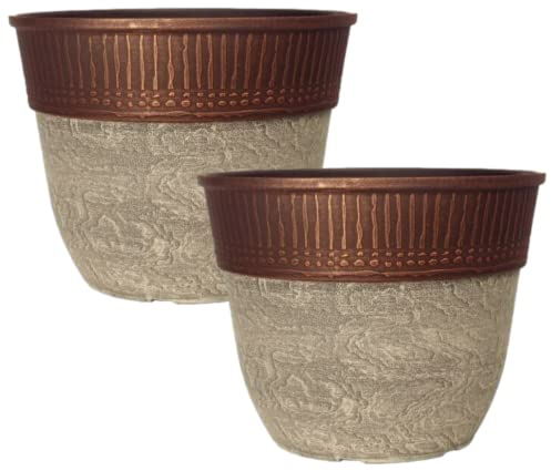 CTI Living Set of 2 Stone Look Copper Rim Plastic Plant Pot 38cm 23L Round Garden Planter with Drainage Hole Weatherproof