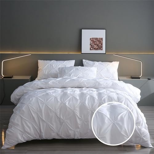 Freyamy Bettwäsche 135x200cm 2teilig Weiß Pintuck Plisseefalten Luxus Bettwäsche Pinch Pleat Mädchen Bettwaren-Sets 100% Microfaser Weiche Bettbezug mit Reißverschluss und Kissenbezug 80x80cm