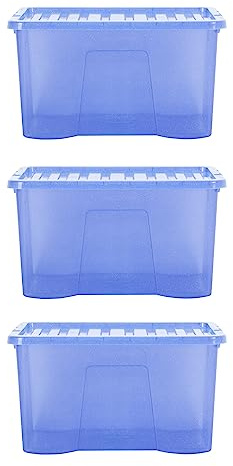 Wham Crystal 3 x 60L Stackable Plastic Storage Boxes with Lids | Ideal for Home, Office, Toys & More | Large Boxes | Made in UK - Sparkle Blue
