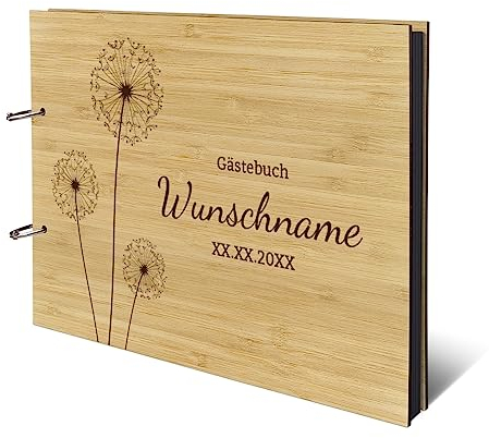 Personalisiertes Fotoalbum Taufe Konfirmation Kommunion echtes Holz DIN A4 Kondolenzbuch mit Lasergravur - Pusteblume - mit 25 Blatt / 50 Seiten Fotokarton Schwarz