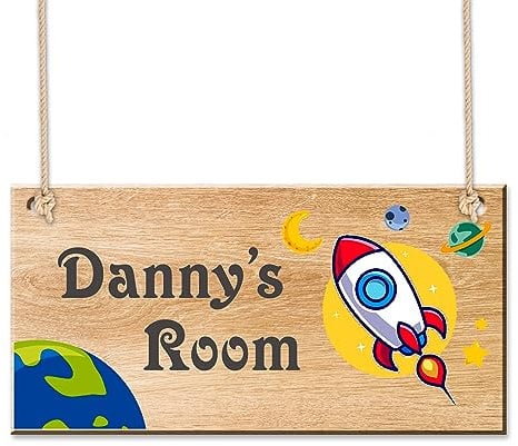 Personalised Bedroom Door Signs Wooden Room Decor Bedroom Accessories Rectangle Name Door Sign Plaques Custom Gifts for Christmas UV Printed with Any Name for Son Daughter Nephew Kids Baby (Design2)