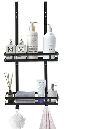 Étagère de douche à suspendre - Support de gel douche sans perçage - Étagère de douche à suspendre à la paroi de douche - Avec protection en verre et crochets supplémentaires