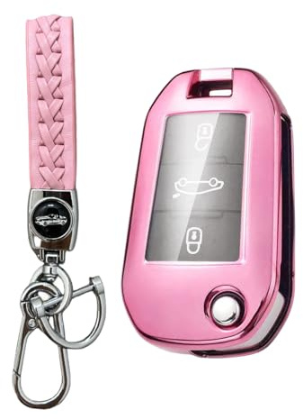 MEDZUK Coque Clé Compatible avec Citroen C3 2016-2023 Coque de Protection pour clé de Voiture TPU, Accessoire Étui pour Clés avec Porte-clés (Rose)