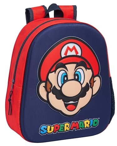 SUPER MARIO - Mochila Escolar, con Diseño 3D, Adaptable a Carro, Ideal para Niños de Diferentes Edades, Cómoda y Versátil, Calidad y Resistencia, 27x10x33 cm, Color Azul Marino/Rojo