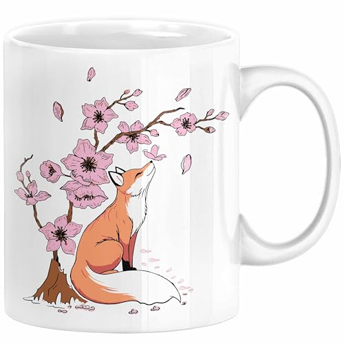 Fuchs Tasse Geschenk Fox Japanese Kirschblüte Blume Vintage Fuchs Kaffee-Becher (Weiß)