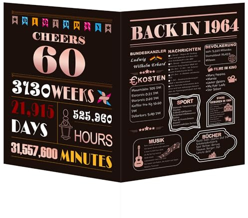 AEYAKA Geburtstagskarte 60 Inkl. Umschlag 1964 Jahrgang 60 Geburtstag Geschenke Frau Geschenkidee Glückwunschkarten Große Heißprägen Geschenk Grußkarte 20 * 25cm Back in 1964 Jahreschronik