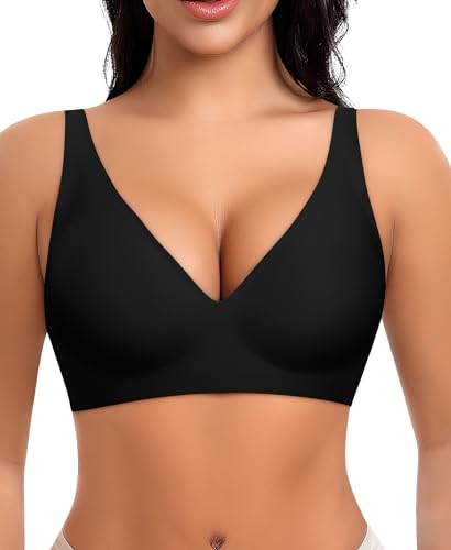 Ganado Damen BH Tiefem V-Ausschnitt Nahtloser BH Ohne Bügel Push Up BHS Bralette Soft Bequem BHS Bügellos Bustier (Schwarz, L)