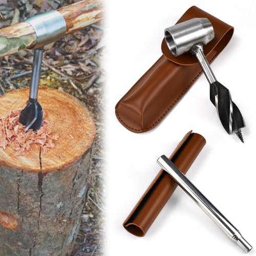 FTISSLY Trapano a Mano per Legno Bushcraft,Punte a Coclea Manuale con Fondina,Trapano a Coclea a Mano per Legno,Chiave a Coclea Manuale per Coclea con Custodia in Pelle per Campeggio,Barbecue