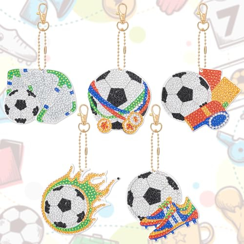JSRQT Fußball Diamond Art Painting Schlüsselanhänger Diamond Art Painting Anhänger 5 Stücke Doppelseitig Stickerei Kunst Handwerk für Handtasche Dekoration DIY Diamant Malerei Schlüsselbund Football