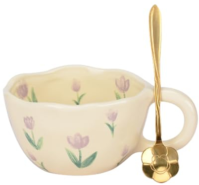 XinHuiGY Cute Coffee Mug, Ceramic Tea Mugs, Handmade Irregular Coffee Cup, Purple Tulip Flower Mug with Spoon, Aesthetic Mugs for Milk Cocoa, Mother’s Day Gift for Mom Women Christmas 250ml (Purple)