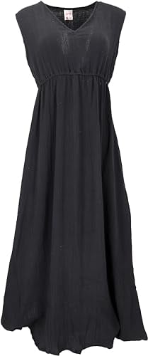 GURU SHOP Sommerkleid, Luftiges Baumwollkleid, Maxikleid, Strandkleid, Damen, Schwarz, Baumwolle, Size:38