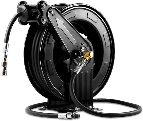 YHBLYKXP Retractable Pressure Washer Hose Reel, Double Arm 50FT x 3/8, Heavy Duty Steel Professional Power Wash Hose Reel with 5 ft Lead for Air/Oil/Water, 4000 PSI