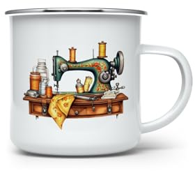 MAXIKIWI Langlebige Emaille-Kaffee- oder Tee-Camping-Tasse für drinnen und draußen, Vintage-Nähmaschine, 350 ml