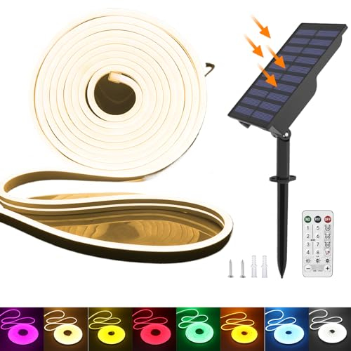 KISUFU 24V Solar Neon LED Streifen, 2835 120 LEDs/m IP65 Wasserdicht Solar Flexible Neon DIY Strip Lichtband mit 6W USB-Lade-Plug-in-Solarregler für Garten im Freien, Party, Hochzeitsdekoration.