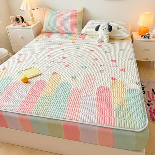 FOREPOTY weiches elastisches Bettlaken,Coole Sommerbettwäsche aus Latex, Matratzenschoner mit Cartoon-Aufdruck für Kinderzimmer, Bettbezug für Kinderzimmer, Regenbogen 1,90 x 200 cm (1 Stück)