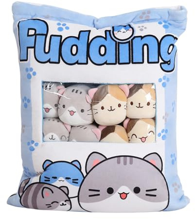 Syengery Snackkissen,Snack Kissen Plüschtier Pudding, Niedliche Snack-Kissen Kuscheltier Spielzeug Pudding, Dekorative Kissen Mit 8 Abnehmbaren Katzen, Für Schlafzimmer, Sofa, Schlafsaal, Wohnzimmer