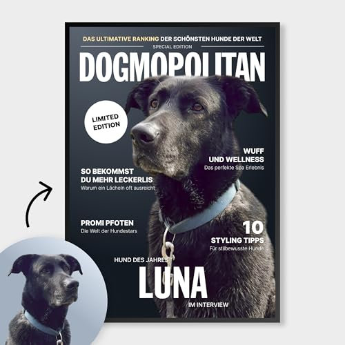 WAUZY Personalisiertes Poster DOGMOPOLITAN mit Hund | Geschenk für Hundebesitzer & Hundeliebhaber - Wandbild mit Echtholzrahmen & Premium Fotopapier