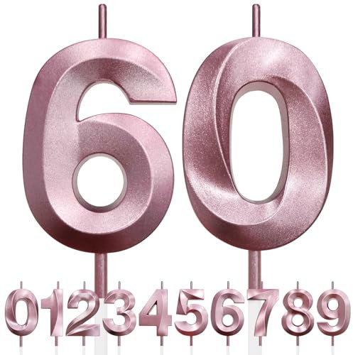 60th Birthday Candle, 3D Design Rose Gold Glitter Number Candles, Cake Topper Decorations, Cake Candle for Birthday Party, Wedding Anniversary, Baby Shower, Party Decoration (Pink Gold)